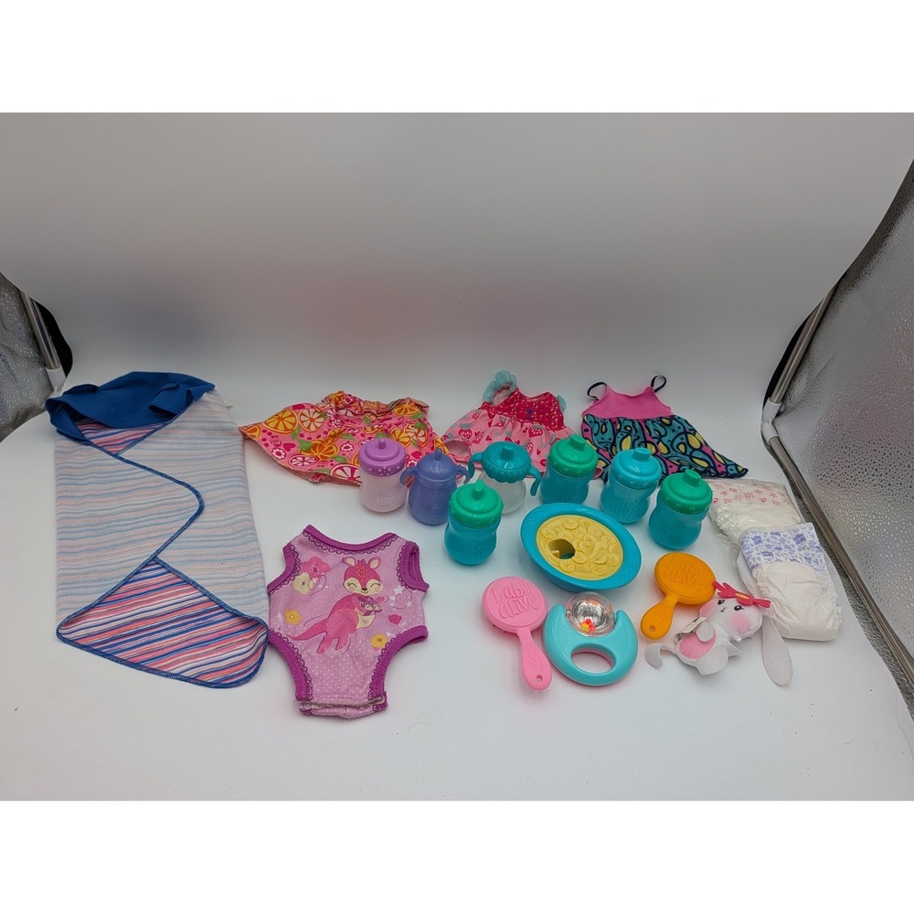 Baby Alive Doll Accessories Lot Clothes Bottles Cup Rattle Brushes Pretend Play